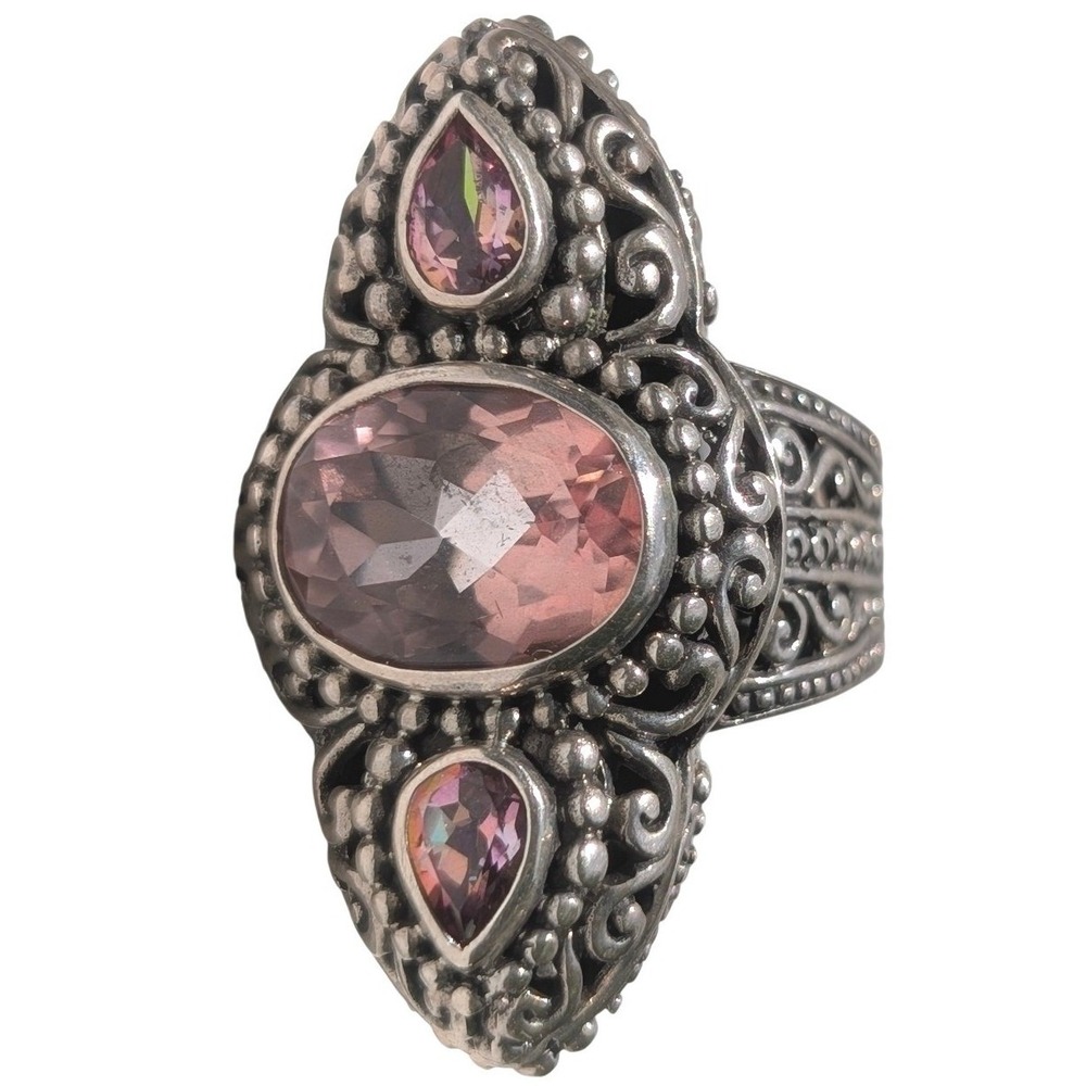 Sarda Bali Sterling Silver Pink Quartz or Topaz Bali Filigree Ring Size 7